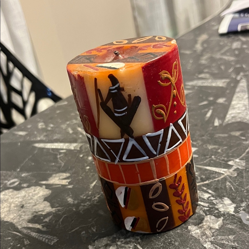 Decorative Red Orange Brown Patterned Pillar Candle - Home Accents